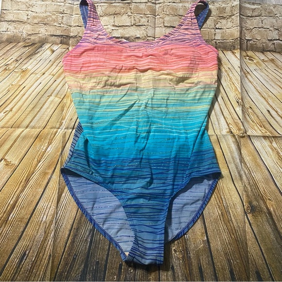 Kathy Ireland Pink Blue Gold Glitter Striped One Piece Swim - Picture 1 of 5